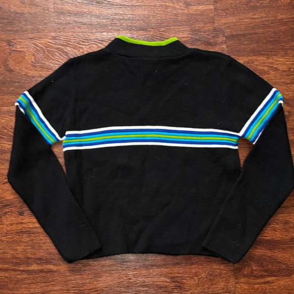 VINTAGE 90s Black Sweater Blue and Green Stripes Streetwear Y2K - Picture 2 of 6
